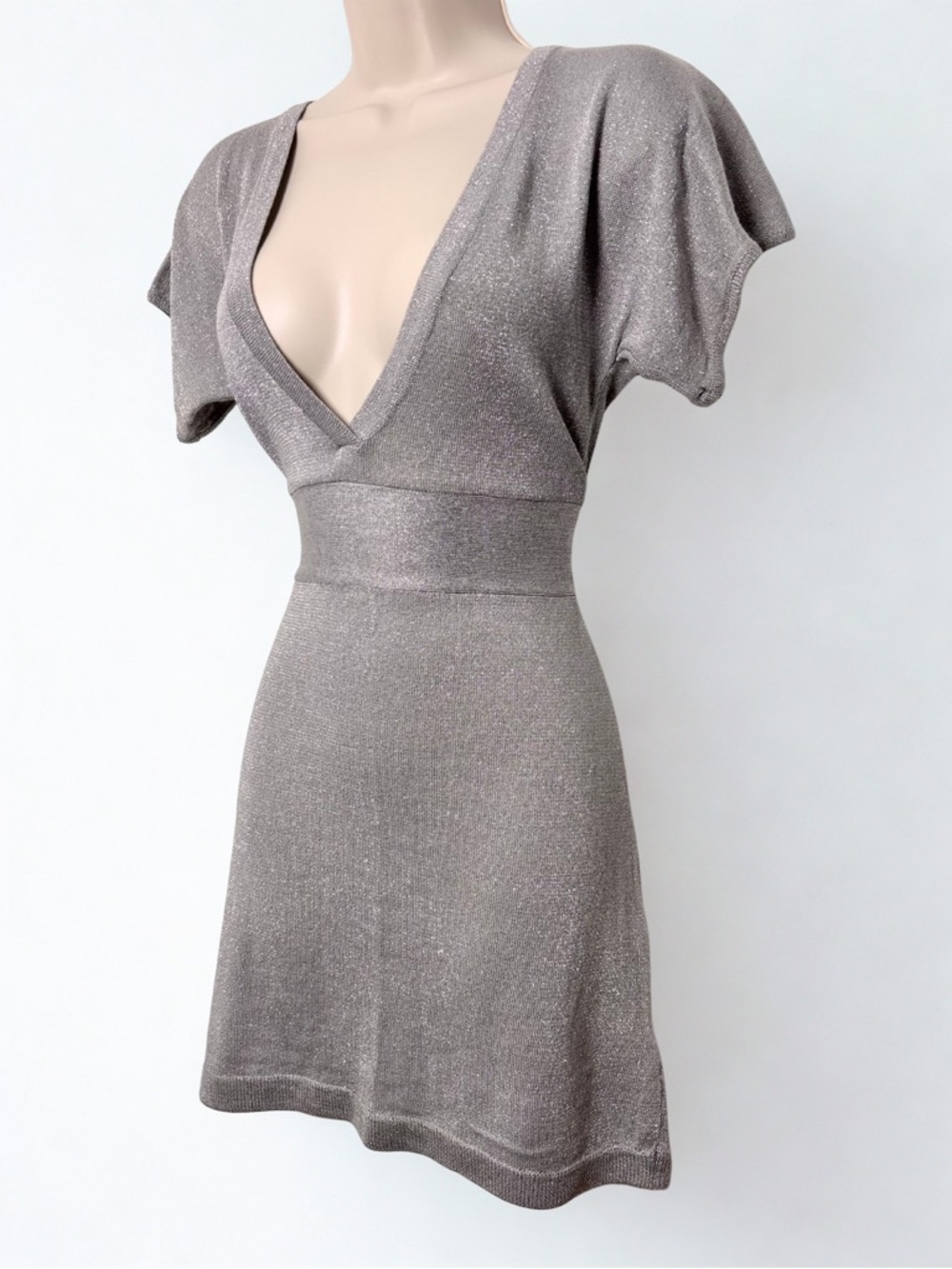 Shimmery Taupe Minidress with Tie Back and Deep Plunge Neckline